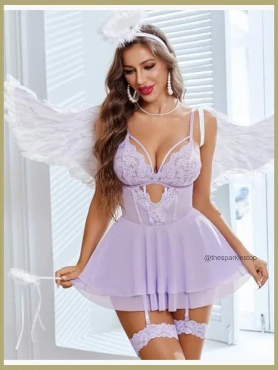 Lace Babydoll Chemise with Garter Belt, 90% Nylon 10% Spandex - Picture 2 of 5